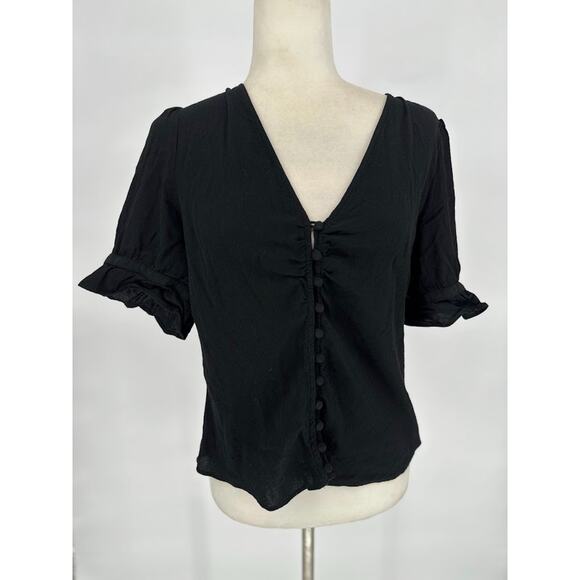 Madewell Top 10 Black Button Short Sleeve Ruffle Neutral Basic Whimsigoth - Picture 1 of 9